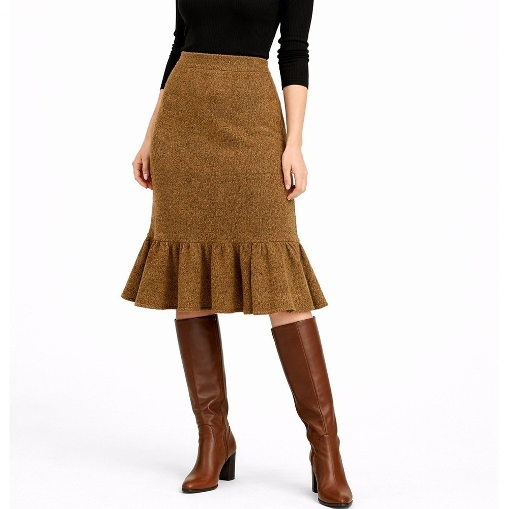 Sundance Brown Wool Blend Knit Ruffle Hem Midi Skirt Small Marled Boho Flounce